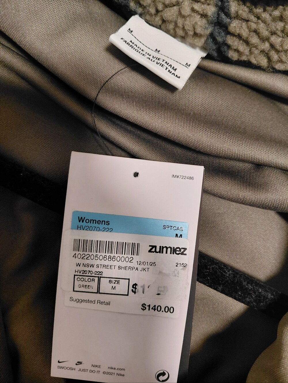 NWT Nike High Pile Olive Green Sherpa Jacket Medium - Picture 11 of 11